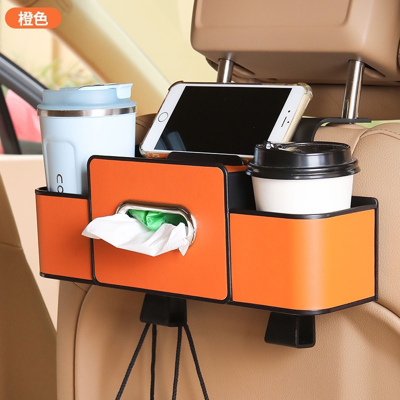 Car seat back organizer, multifunctional storage rack with tissue box, cup holder, and phone stand, car interior accessories