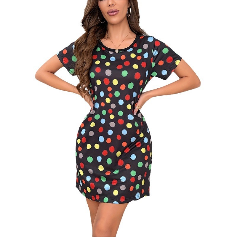 Nuevo vestido de verano transfronterizo de las mujeres europeas y americanas, vestido de manga corta con estampado de lunares de verano caliente de Amazon