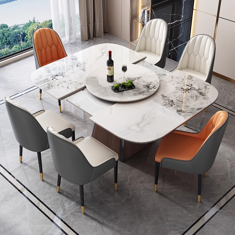 Mesa de comedor de tabla de roca de lujo ligera, tamaño rectangular y pequeño tipo de hogar, mesa de comedor de horno electromagnético telescópico de doble propósito, mesa cuadrada de deslizamiento