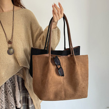 跨境秋冬新款韩版大容量复古单肩子母包休闲简约通勤麂皮绒托特包