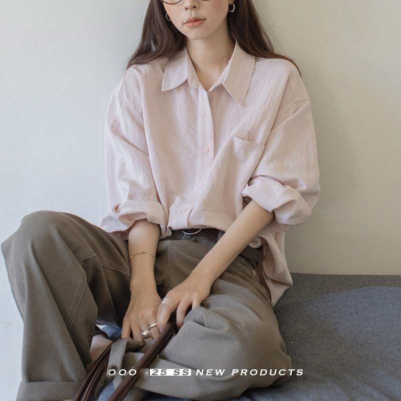 纯色简约翻领衬衫女秋季2025新款休闲大口袋垂感长袖上衣|undefined