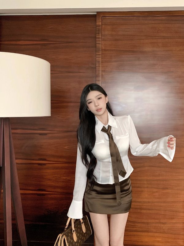 适美感翻领绸面长袖衬衫女装秋季显瘦半身裙包臀裙两件套|undefined