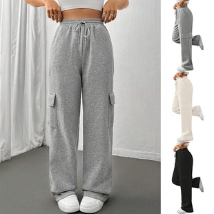 Cross-Border Export Women's Drawstring 2025 New European and American Casual Wide-Leg Elastic High-Waist Multi-Pocket Cargo Sweatpants for Women