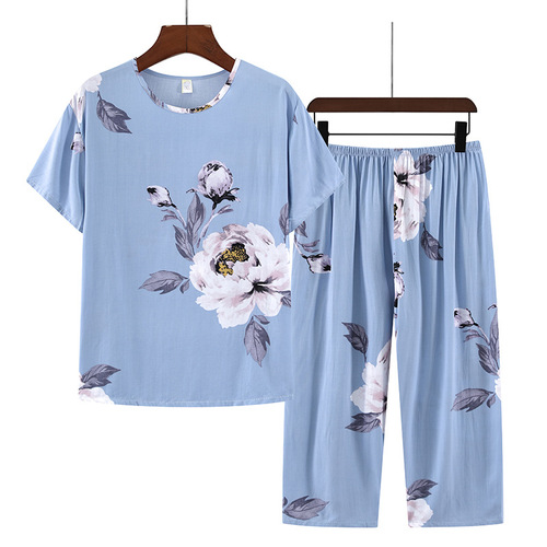 Cotton Silk Nightgown Set for Women - Summer Thin Short Sleeve Two-Piece Set - Summer Artificial Cotton Mother's Home Wear for Women - Summer Outerwear