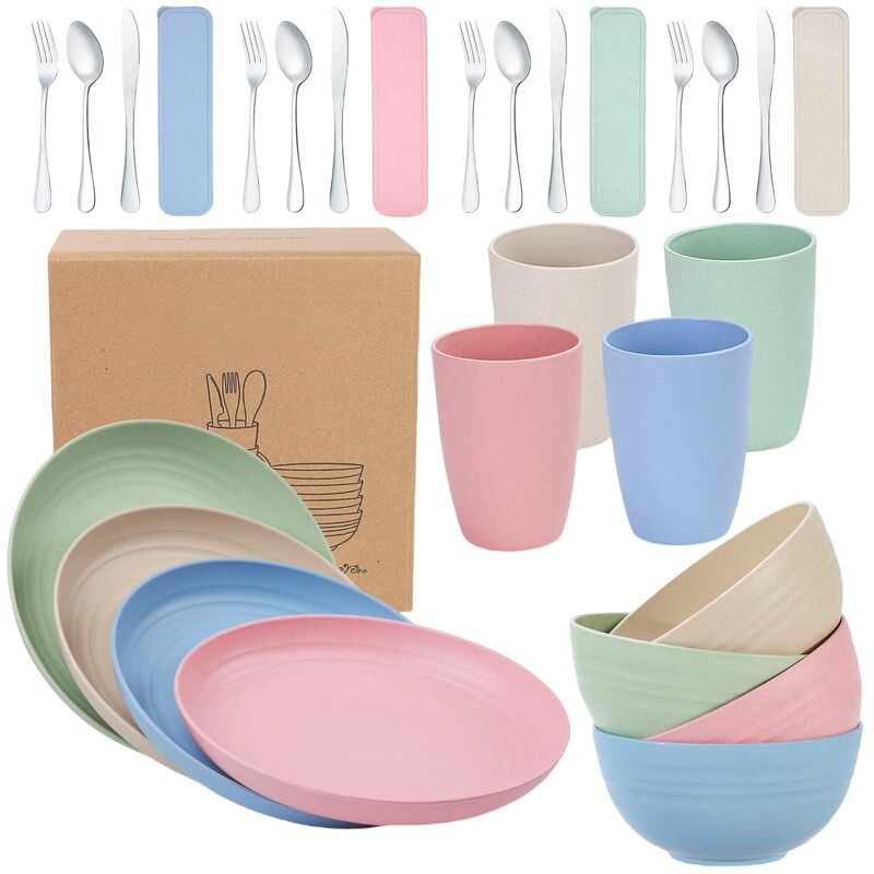 Amazon Wheat Straw Plate Bowl Cup 1010 Stainless Steel Knife Fork Spoon 28-Piece Set Bowl and Plate Outdoor Tableware Set