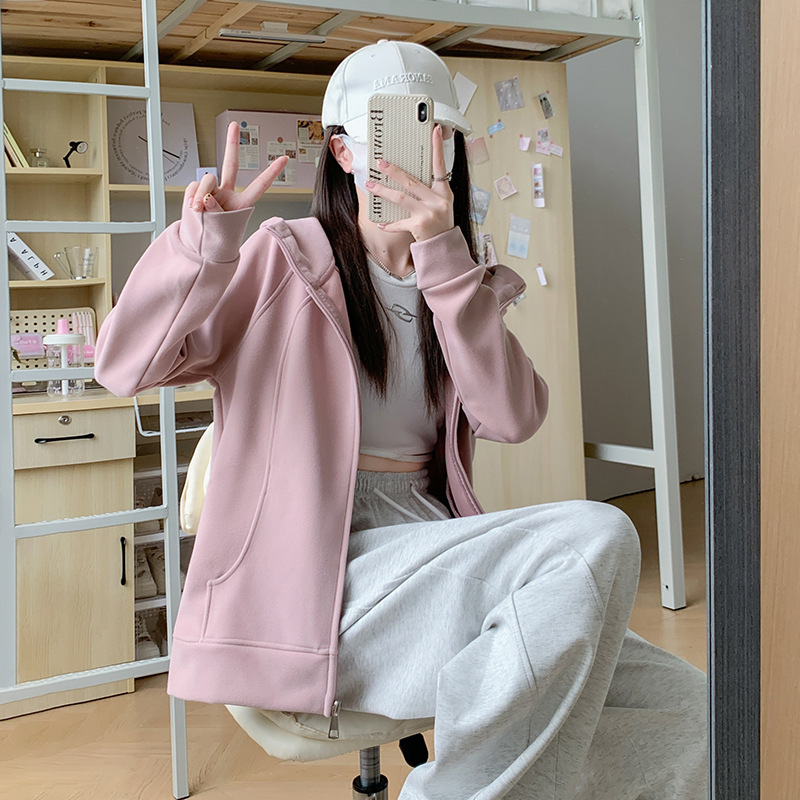 Cool girl hooded cardigan couple's sweater coat creamy-white coat 2024 new autumn thin sports slim fit