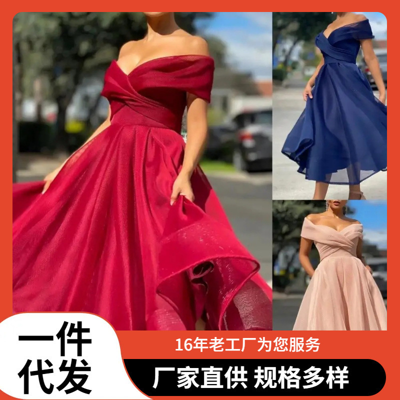 2025 New Export Amazon Sexy Shoulder Mid-Length Prom Party Graduation Dress Homecoming Evening Dress