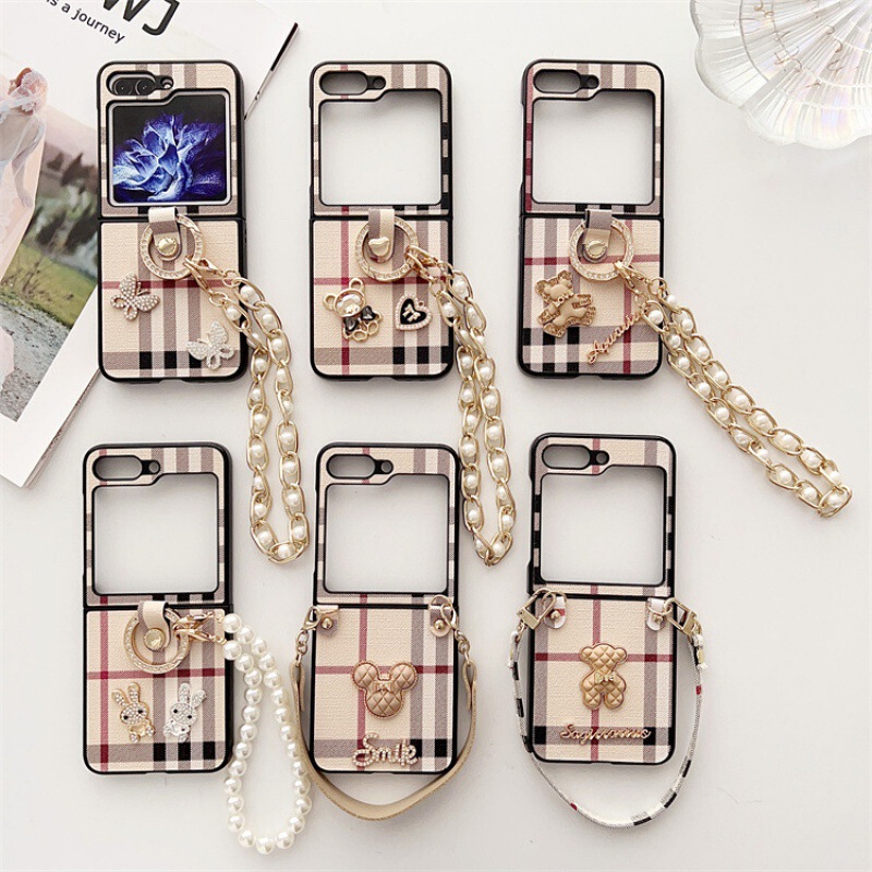 For Samsung ZFlip6 Phone Case ZFlip5 Plaid Ring Buckle Portable Rope Chain Zflip4/3 Protective Cover