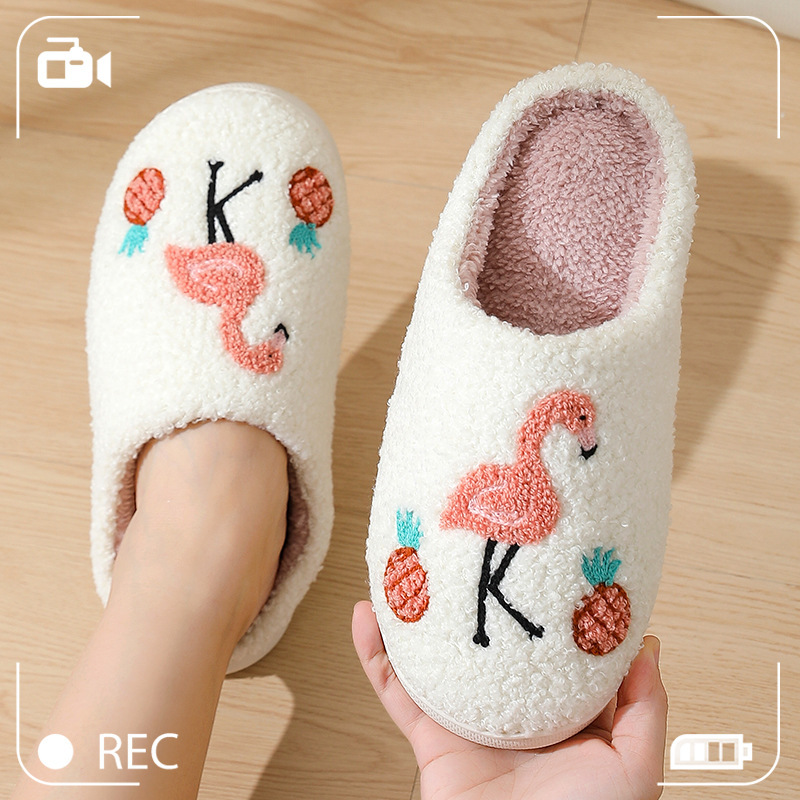 Cross-Border New Style Comfortable Home Warm Winter Cartoon Embroidered Flamingo Cotton Slippers for Men and Women Couples Indoor Cotton Slippers