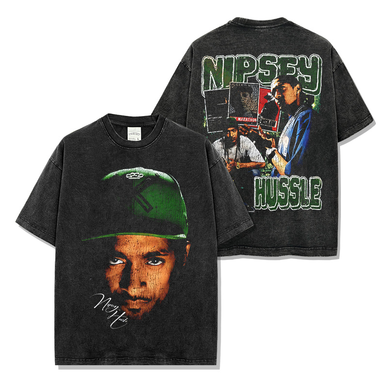 Cross-border American Nipsey Hussle Printed Washed Short Sleeve T-shirt Round Neck Loose Hooded Sweatshirt Men