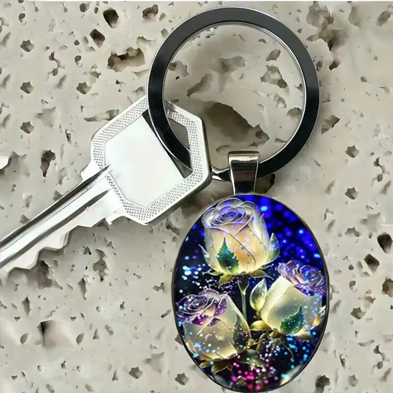 Fashionable New Foreign Trade Product: Exquisite Crystal Rose Round Glass Alloy Keychain Pendant Car Key Accessory