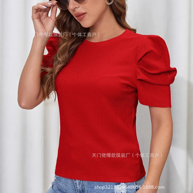 2026 European and American Women's Fashion Pleated Sleeve Solid Color T-Shirt 2026 European and American Women's Fashion Pleated Sleeve Solid Color T-Shirt