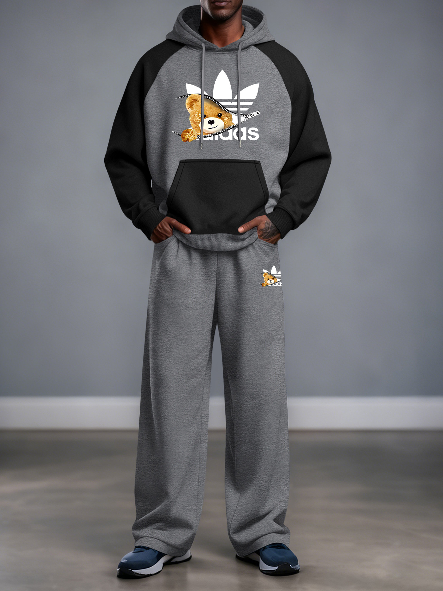 Transfronterizo primavera / otoño / invierno AD juvenil hombro mosaico con capuchón de vello suelto chaqueta rectas pantalones casuales conjunto versátil
