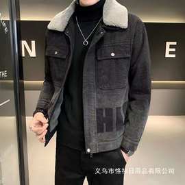 渐变色秋冬季牛仔外套男士新款羊羔绒加绒加厚棉衣翻领夹克上批发