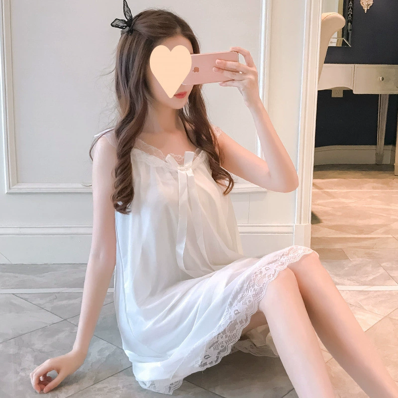Дворцовые пижамы для женщин, летние, из ледяного шелка, сексуальные подтяжки, милый стиль принцессы, корейский стиль, свежая студенческая кружевная ночная рубашка, летняя
