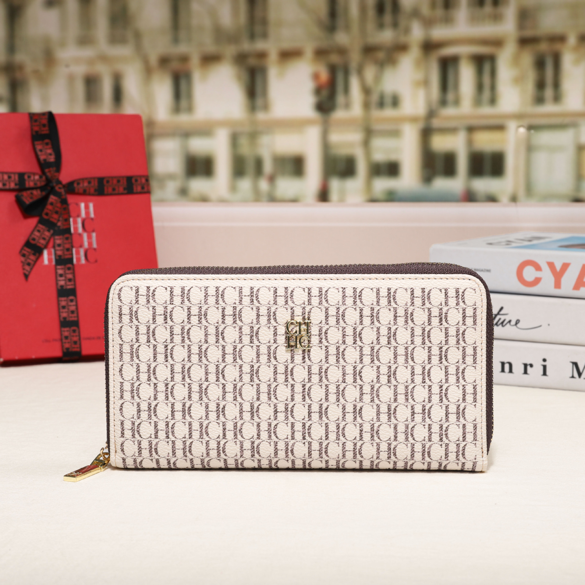 CHHC nuevo bolso 2025 moda femenina billetera con cremallera clásica textura real bolso largo unisex