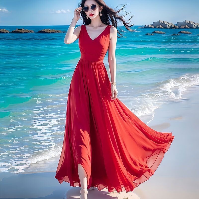 2025 New Summer Style Over-The-Knee to Barefoot Long Skirt for Seaside Vacation Dopamine Red Chiffon Dress for Women