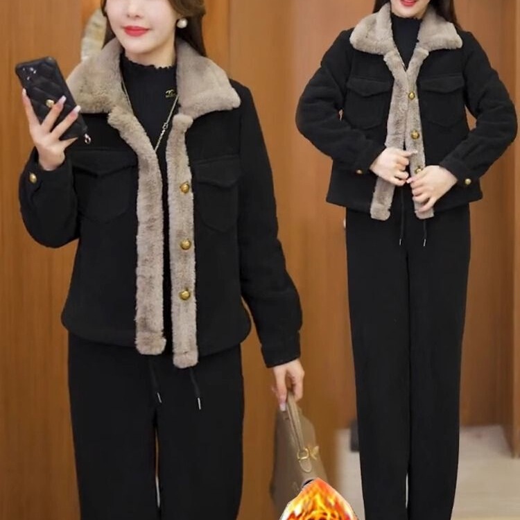 灯芯绒加绒加厚套装女2025新款秋冬时尚直筒裤休闲保暖两件套|undefined