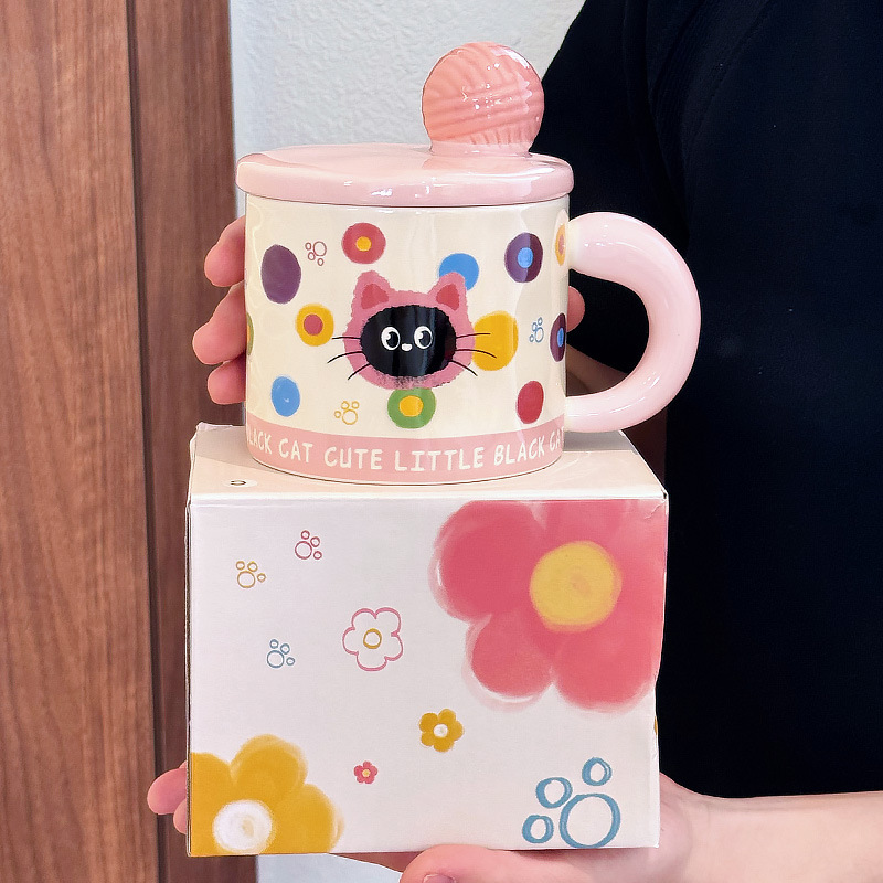 猫マグカップ蓋付きセラミックカップかわいい女性誕生日プレゼント子犬ベアー高颜値オフィスカップ|undefined