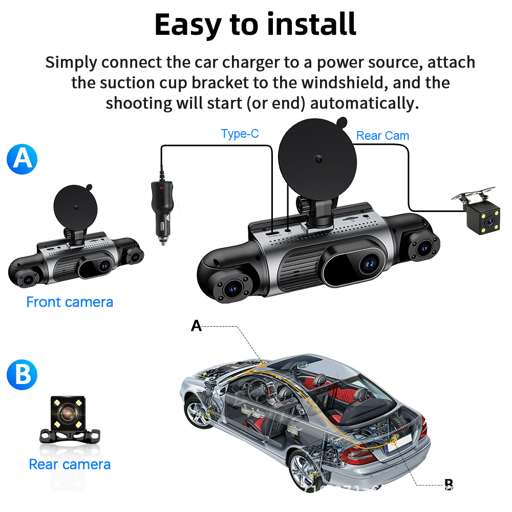 Four-channel dashcam, 1080P high-definition, panoramic night vision, built-in WiFi for smartphone connectivity, parking monitoring, and G-sensor