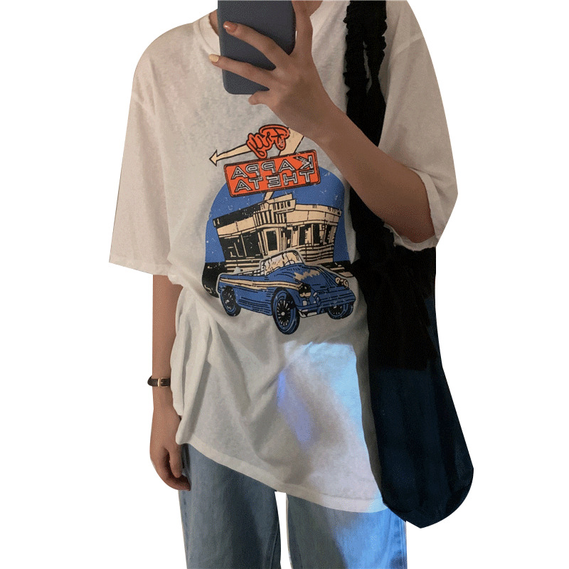 Tecknad medellång kortärmad t-shirt för kvinnor sommaren 2024, koreanska löst sittande studentkläder, damtopp_voghion.com