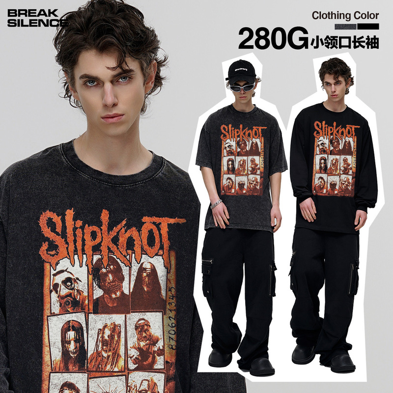 Slipknot Slive Knot Rock Band American Style Retro Printed Short-sleeved T-shirt Cross-border Washed Heavy-weight Beautiful Trendy for Men and Women