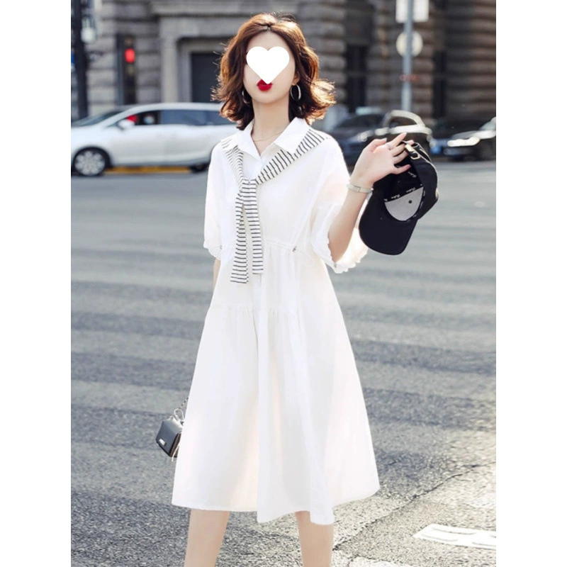 Белое хлопковое платье для женщин, летний стиль преппи 2025, новое свободное платье-рубашка с завязками на талии, повседневное платье-трапеция