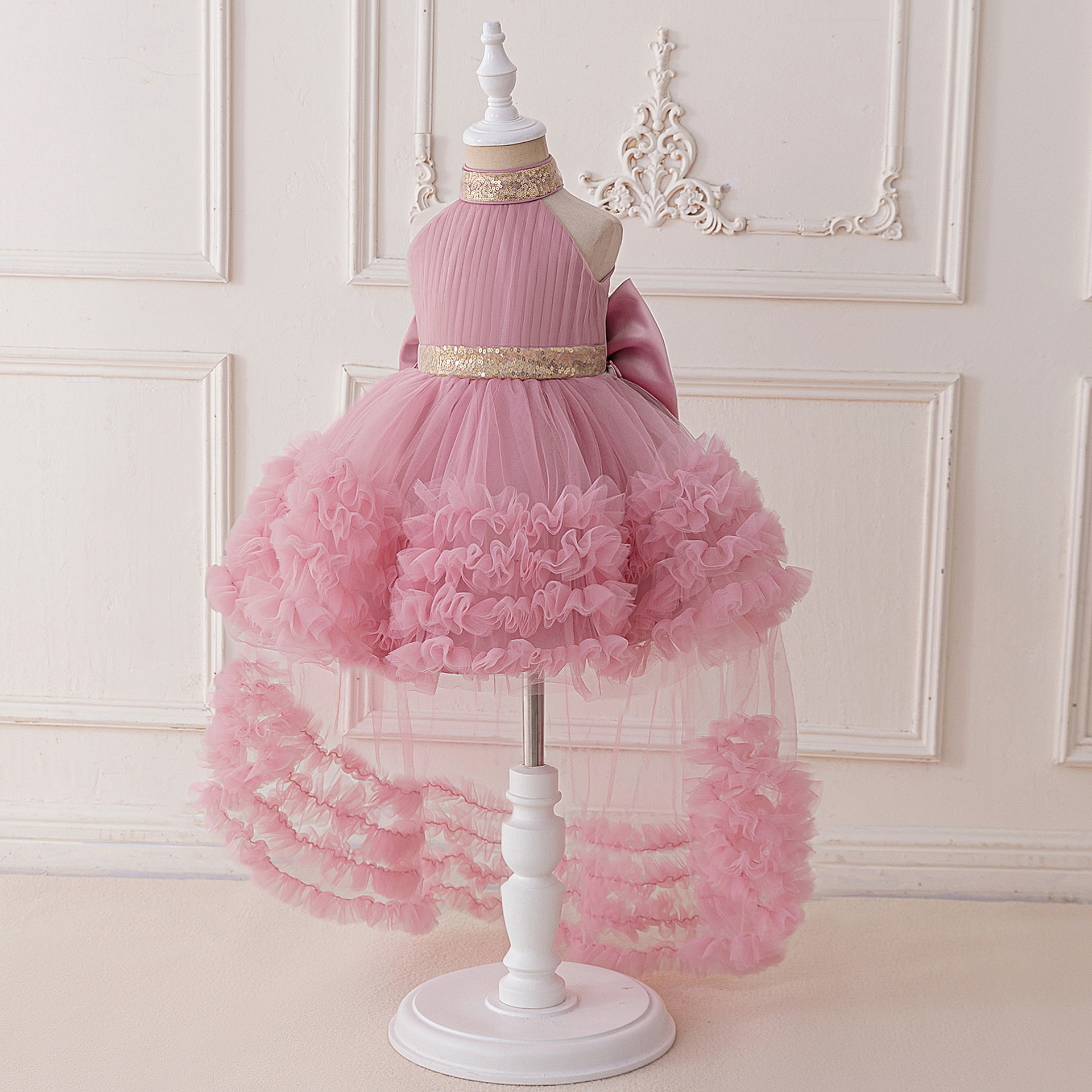 Vestido para niños vestido de princesa de cola negra falda de pastel de malla de cuello halter vestido de pasarela traje de interpretación de piano