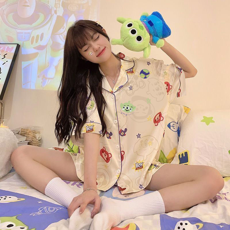 Toy Story Summer Pajamas Women's Imitation Cotton Cardigan Short-sleeved Shorts Cartoon Cute Girl's Home Clothes suit Toy Story Summer Pajamas Women's Imitation Cotton Cardigan Short-sleeved Shorts Cartoon Cute Girl's Home Clothes suit