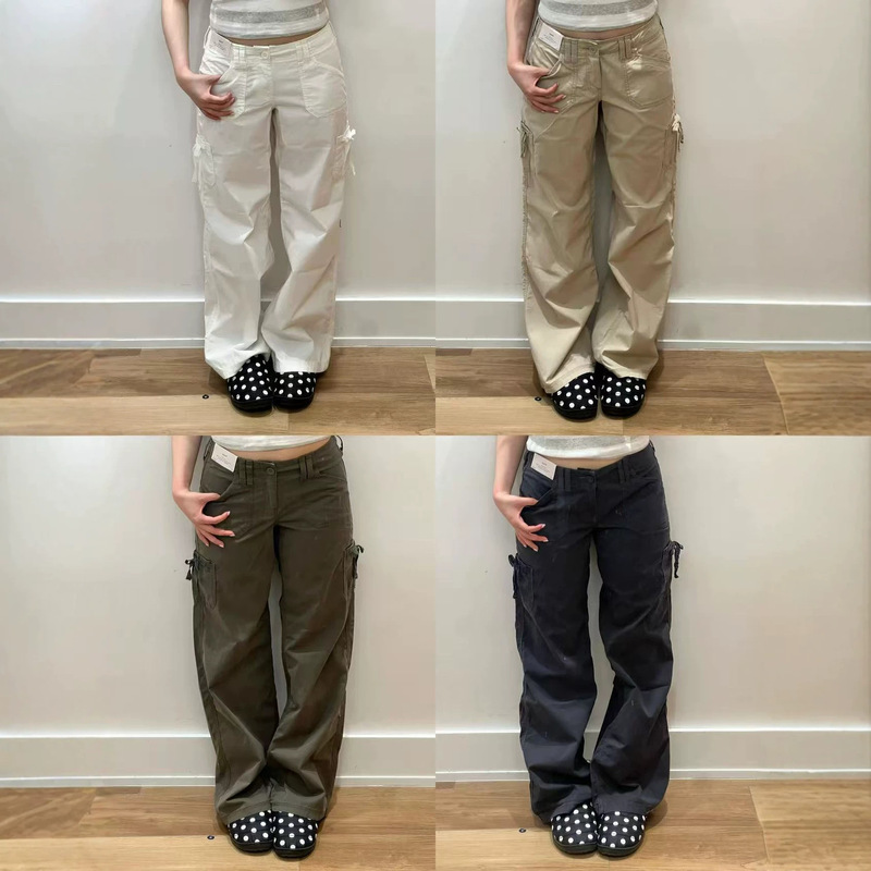 Little Seagull's New American Retro Workwear Pants for Women, Loose Straight-Leg Long Pants with Multiple Pockets, Bow Tie, Low-Waist Casual Pants Little Seagull's New American Retro Workwear Pants for Women, Loose Straight-Leg Long Pants with Multiple Pockets, Bow Tie, Low-Waist Casual Pants
