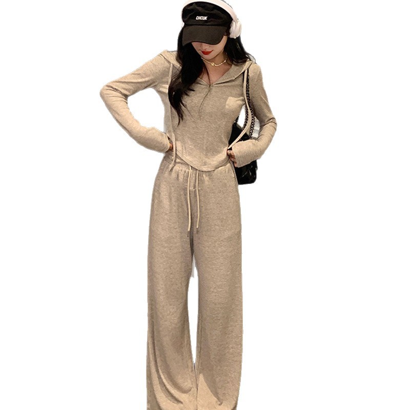 ActiveGo Slimm, completo sportivo da donna, due pezzi, alla moda, casual, autunno inverno, con cappuccio e pantaloni a gamba larga_voghion.com