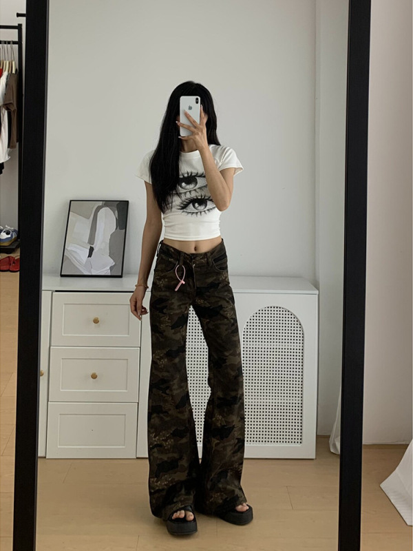 美式复古迷彩工装微喇牛仔裤女夏季低腰不贴腿马蹄喇叭裤拖地裤子|undefined
