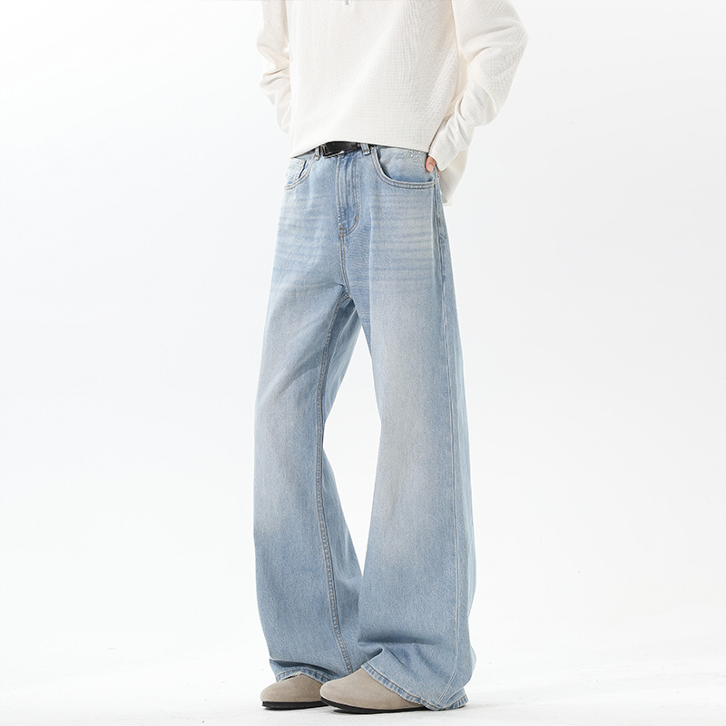 American Retro Washed Distressed Jeans for Men Trendy Brand New Vibe High Street Slimming Flared Straight Long Pants