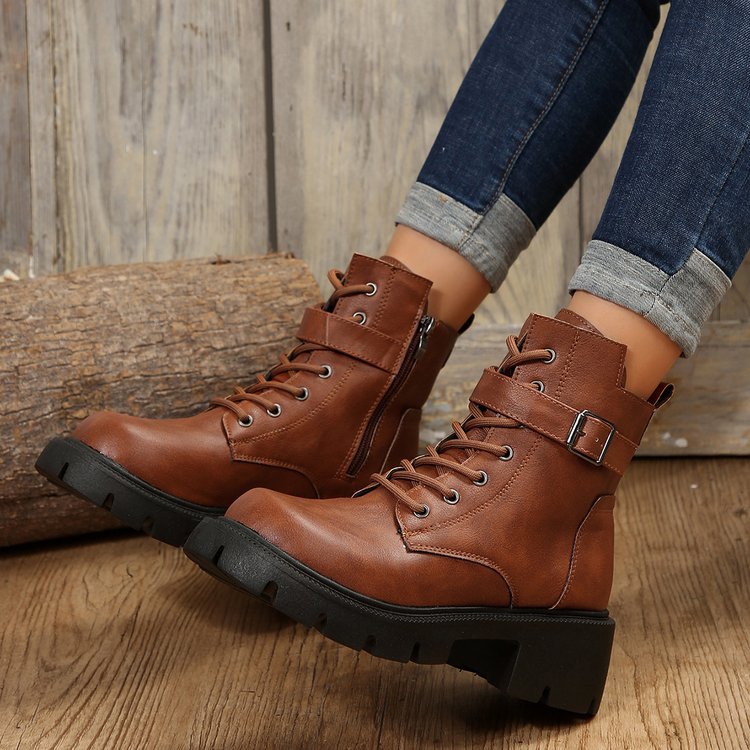 New autumn winter British style motorcycle boots thick soled belt buckle vintage ankle boots plus size_voghion.com