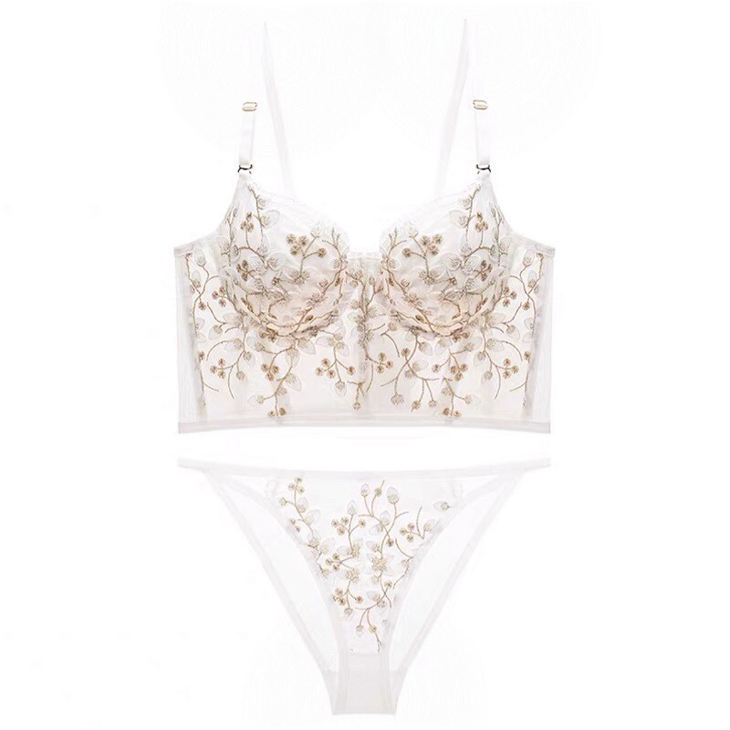 French Palace Style Luxury Embroidered Lace Underwear Big Breasts Showing Small Anti-Sagging Soft Steel Ring Sexy Bra Set