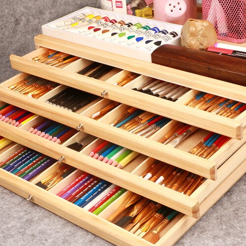 Handheld Pine Wood Mark Pen Storage Box Drawing Box Pencil Art Student Brush Multi-Drawer Style Brush Storage Box