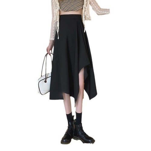 Black mid-length fish-tail semi-slip dress for women, polyester, large size pear-shaped figure, high-waisted slimming suit A-line skirt