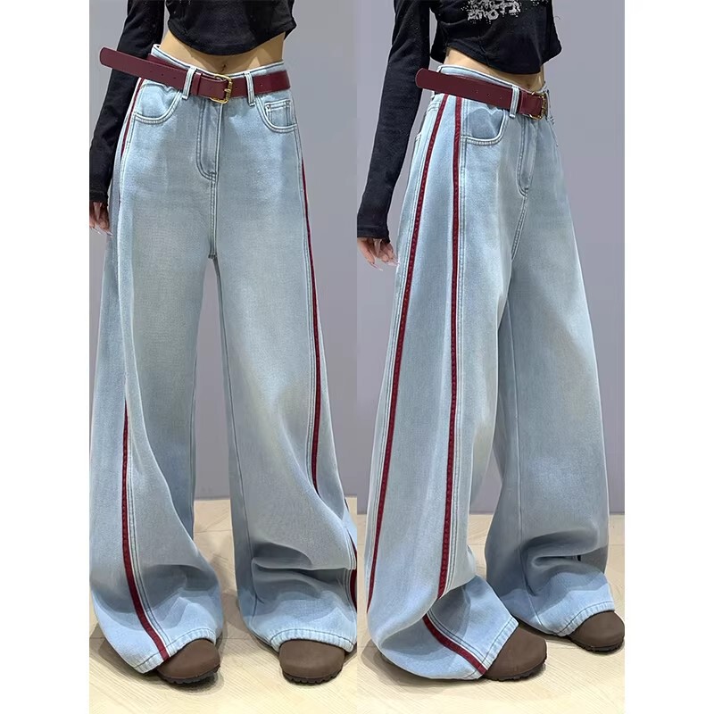 Plus-Size Color-Block Straight-Leg Jeans for Women, Spring/Summer, Loose Fit for Pear-Shaped Body, High-Waisted Wide-Leg Floor-Length Pants Plus-Size Color-Block Straight-Leg Jeans for Women, Spring/Summer, Loose Fit for Pear-Shaped Body, High-Waisted Wide-Leg Floor-Length Pants