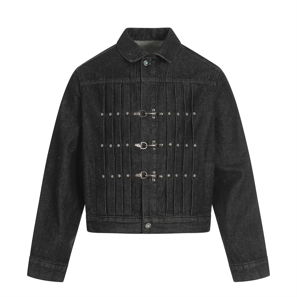 Veste en jean style américain pour homme, tendance hip-hop, boucle style avion, coupe courte plissée_voghion.com