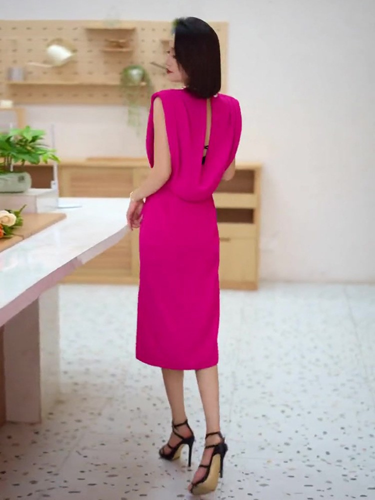 Đầm ôm body nữ lưng trần phong cách Pháp tay ngắn mùa hè — Váy hồng hoa hồng, váy đen chi tiết 5