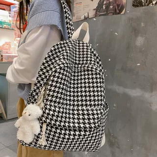 针织千鸟格双肩包女韩版校园高中大学生古着感少女书包休闲背包潮