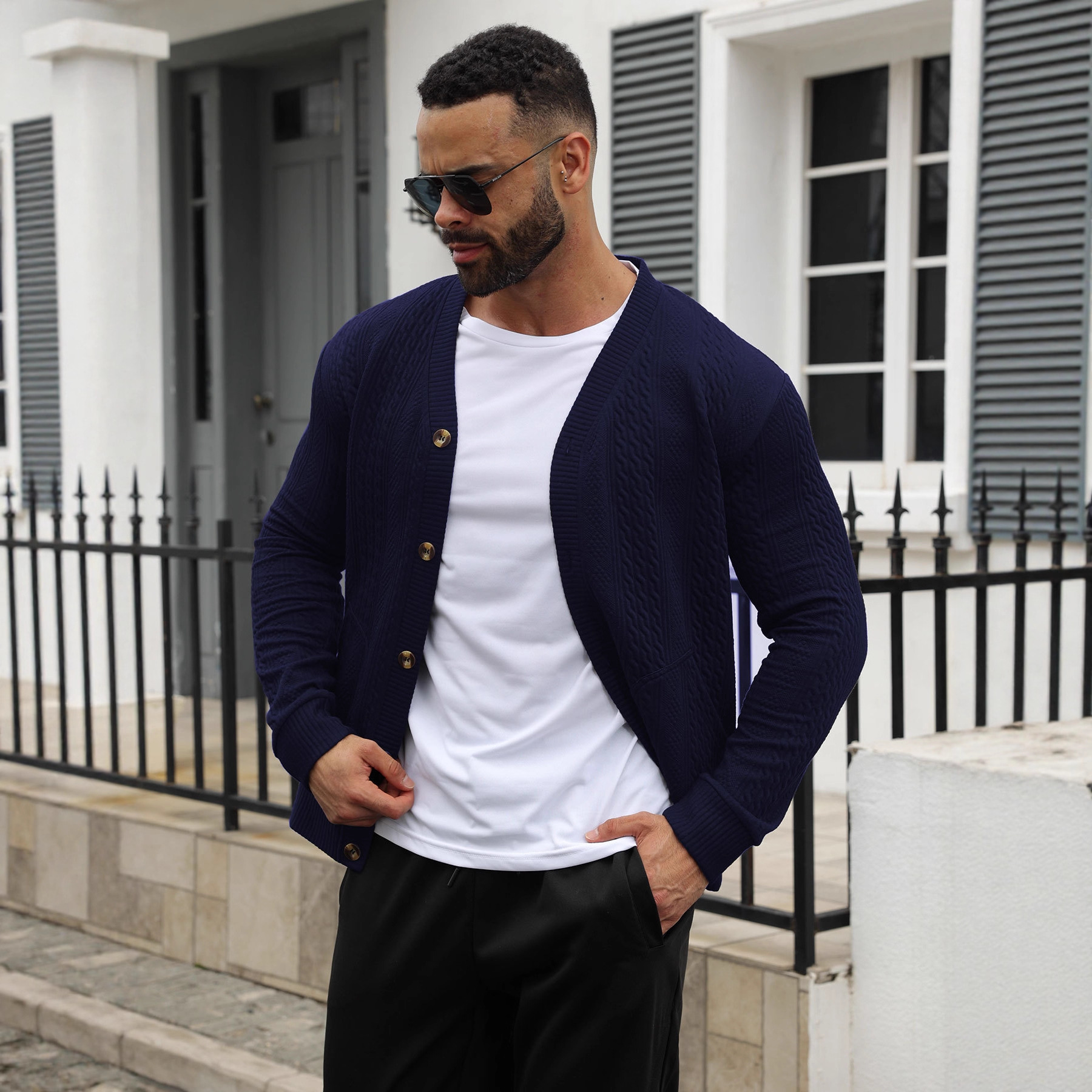 Nuevo transfronterizo Europa y América Amazon otoño y invierno nuevo estilo de moda masculino de color sólido jersey jacquard jersey de punto