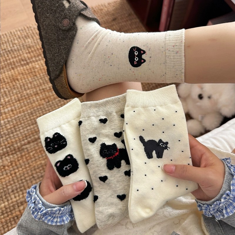 White Socks for Women, Cute Cat Cartoon Design, Spring and Autumn Pure Cotton Slouch Socks, Polka Dot Mid-Calf Socks