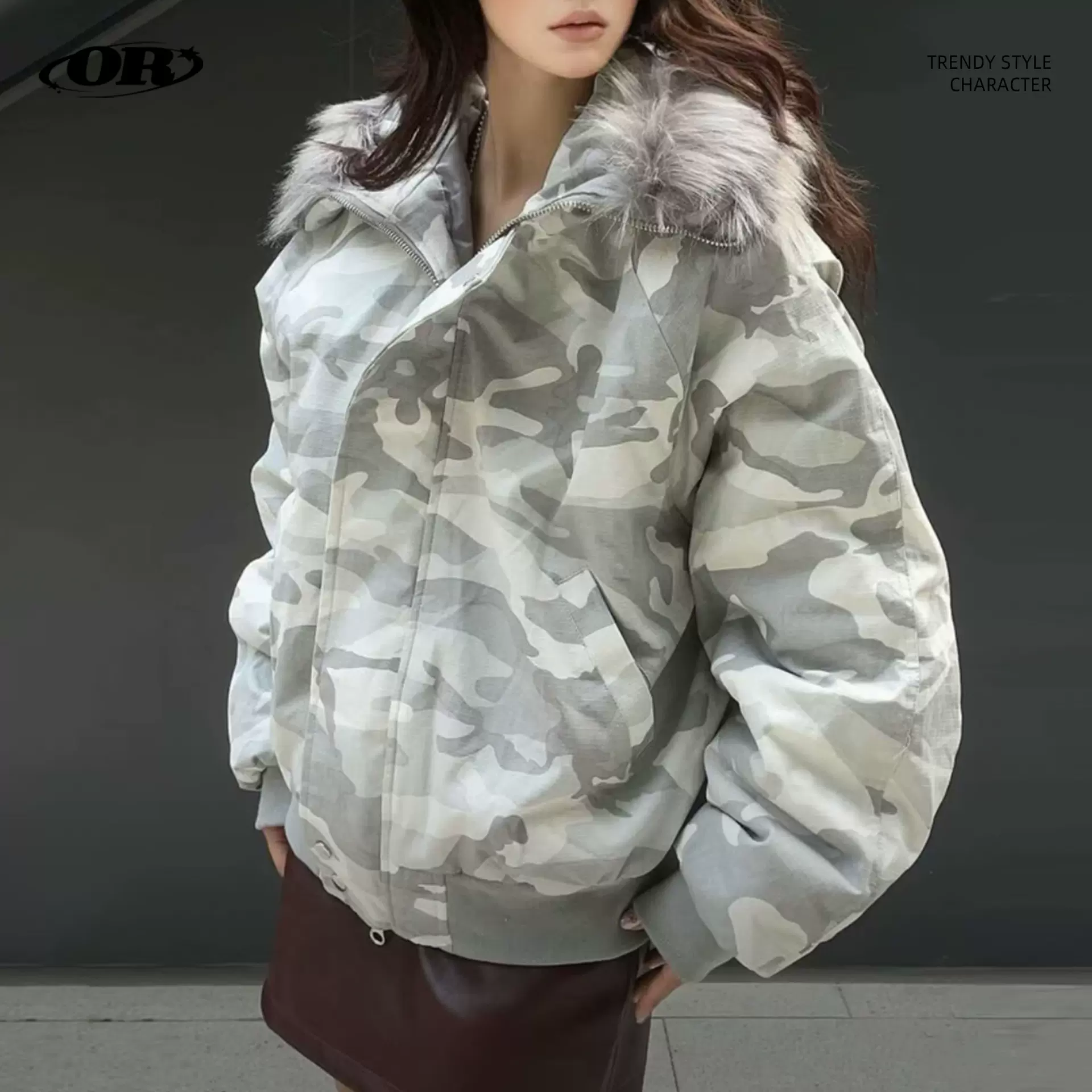 OREETA丨美式加厚座山雕迷彩棉服男女潮牌做旧水洗设计感毛领棉服