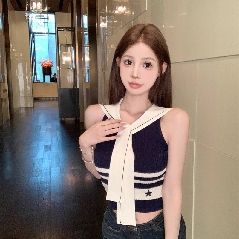 Summer New Style French Style Striped Navy Collar Ribbon Slim High Waist Vest Knitted Sleeveless Shirt for Women Summer New Style French Style Striped Navy Collar Ribbon Slim High Waist Vest Knitted Sleeveless Shirt for Women