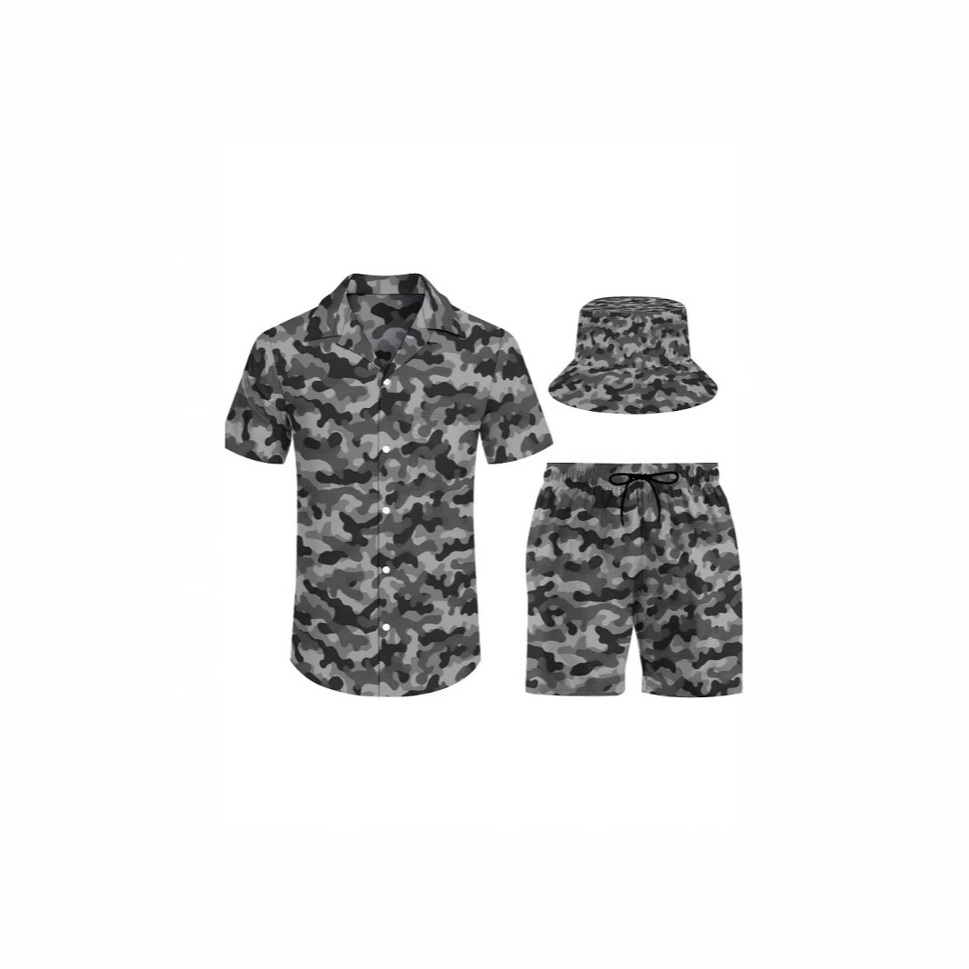 맞춤형 하와이 3피스 유럽과 미국의 3D 프린트 패션 남성용 라펠 반소매 셔츠 비치 바지 및 모자 세트