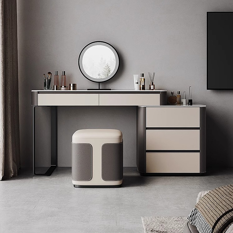Italian Style Minimalist Saddle Leather Solid Wood Dressing Table Small Apartment Rock Board Makeup Table Bucket Cabinet Integrated Bedroom Dressing Table Italian Style Minimalist Saddle Leather Solid Wood Dressing Table Small Apartment Rock Board Makeup Table Bucket Cabinet Integrated Bedroom Dressing Table