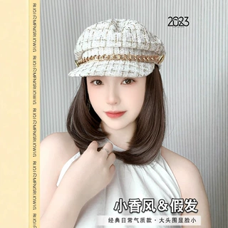 帽子假发一体女时尚女秋冬款小香风八角帽贝雷帽锁骨发一体假发帽