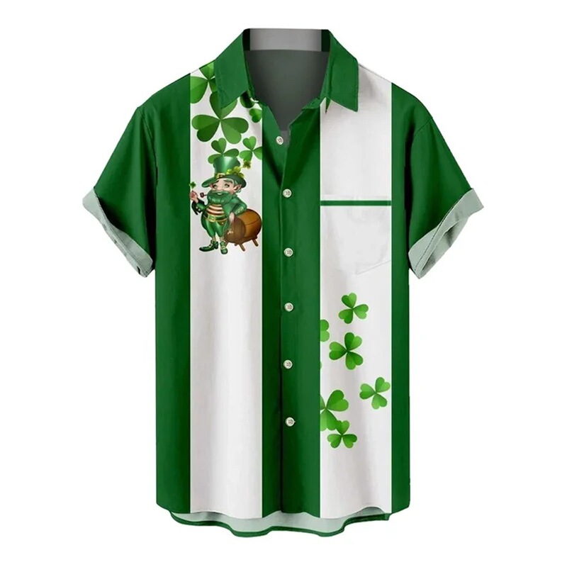 2025 Men St Patrick's Day Shirt 3D Printing Funny Green Clover Casual Shirt Short Sleeve