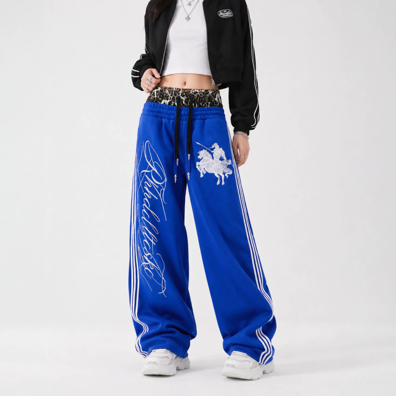 Street-style leopard print patchwork double-waisted hip-hop letter embroidered straight-leg sweatpants, unisex loose striped casual sports pants Street-style leopard print patchwork double-waisted hip-hop letter embroidered straight-leg sweatpants, unisex loose striped casual sports pants